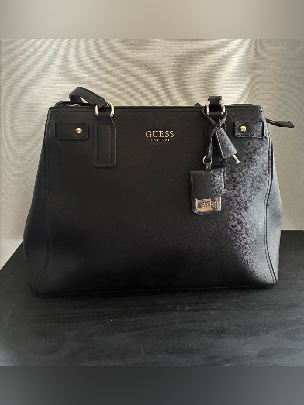 GUESS Black Structured Saffiano Tote with Gold Hardware
